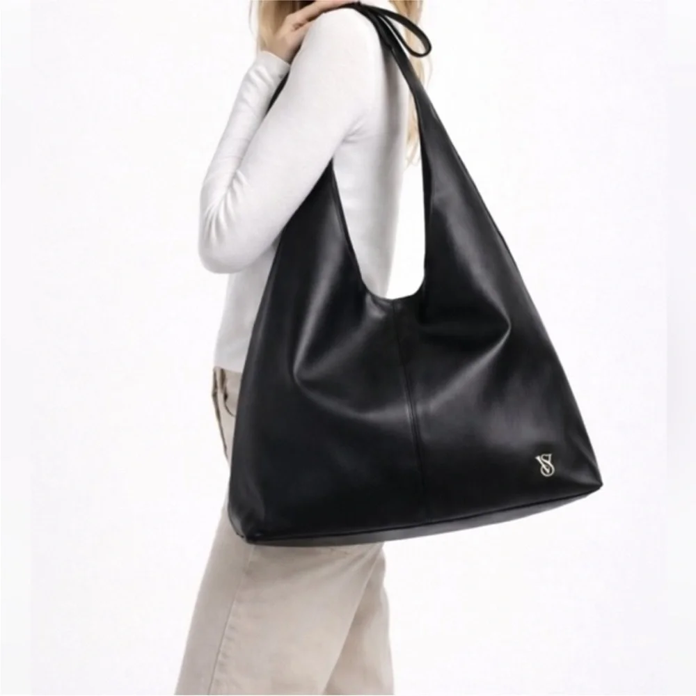 Brand New Victoria's Secret Black Faux Leather Hobo Slouchy Shoulder Bag Bow